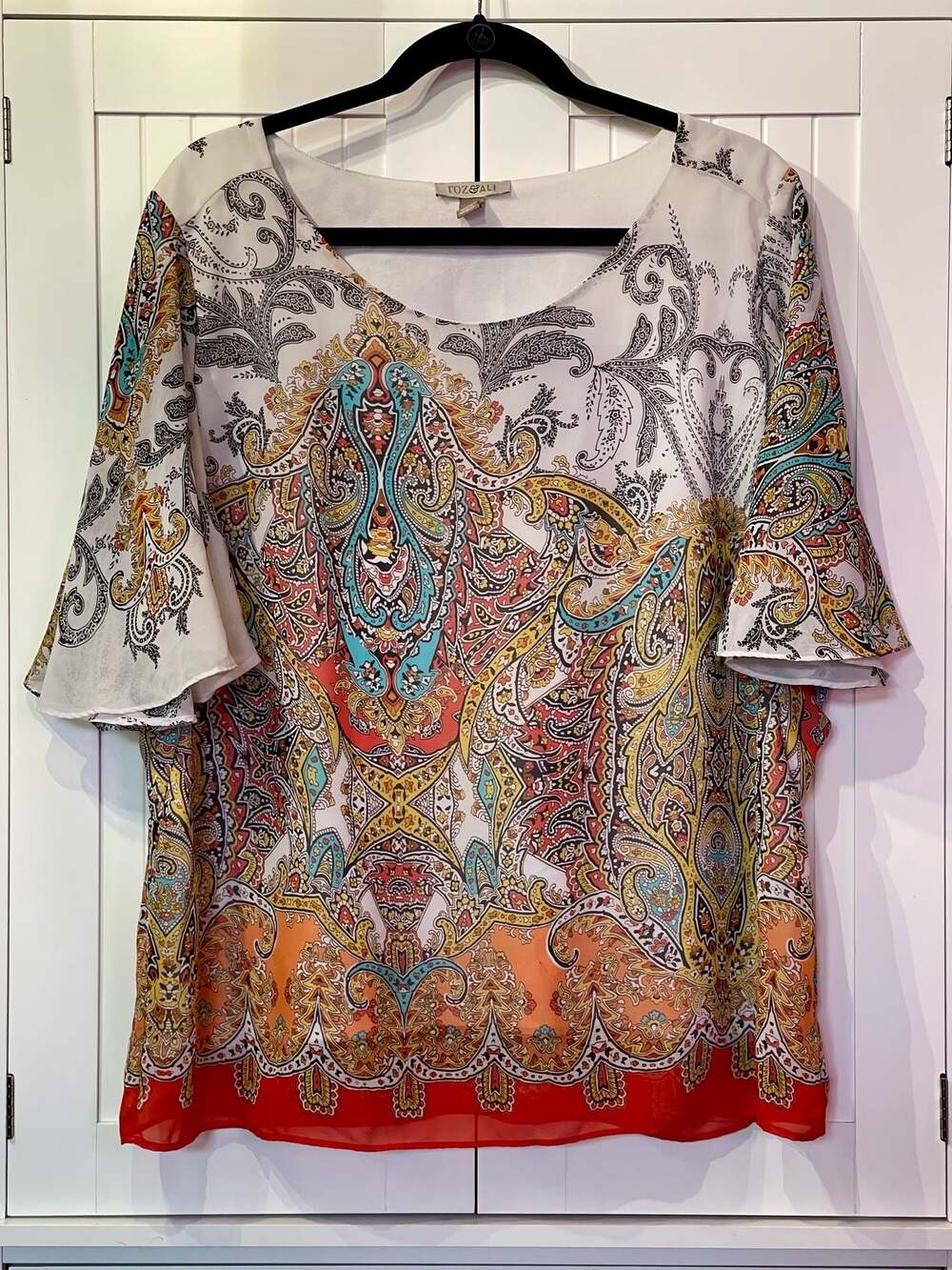 Roz & Ali Women's 1X Paisley Print Boho Butterfly Sleeve Lined Blouse